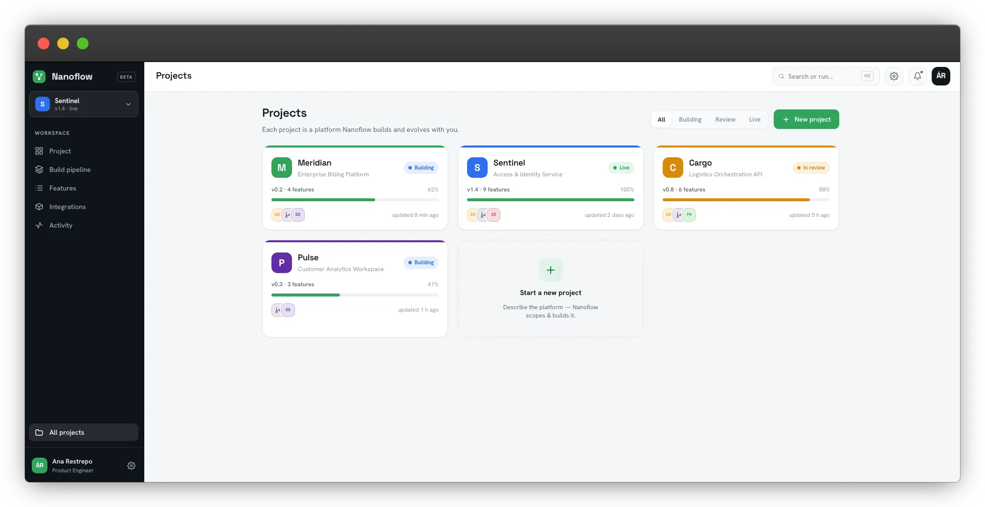 Nanoflow projects dashboard showing multiple enterprise applications in different stages