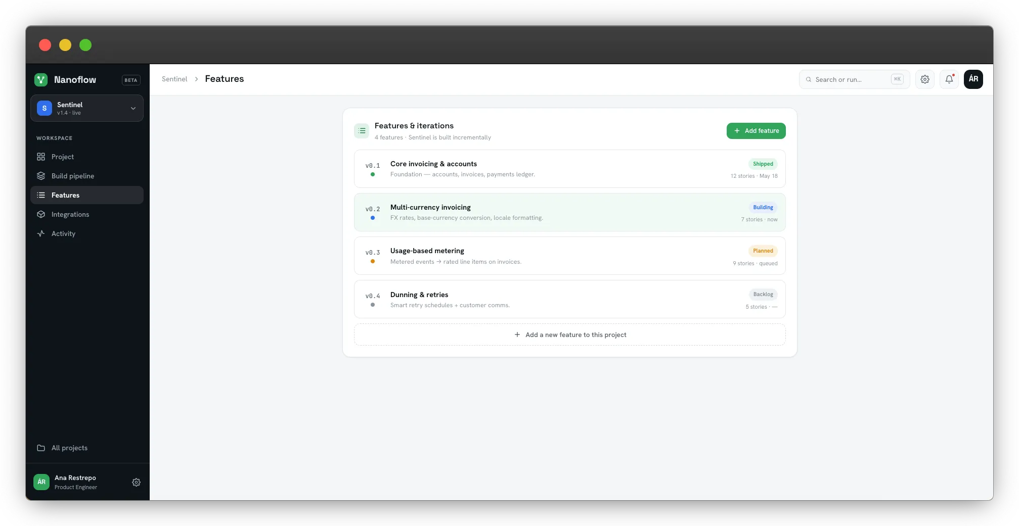 Nanoflow features and iterations board tracking product versions